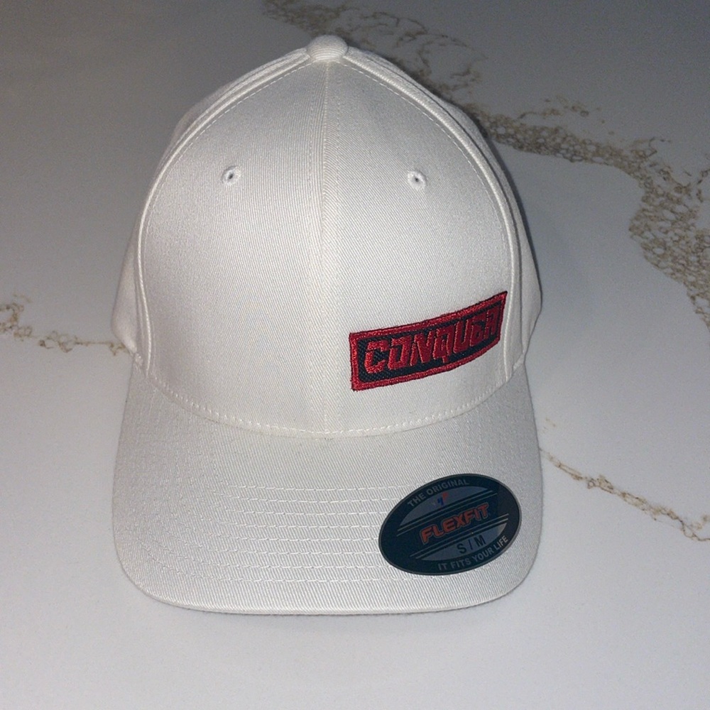 FlexFit Port Authority White hat with Conquer embroidered patch on front S/M